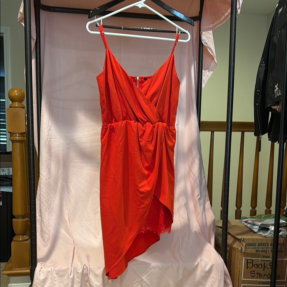 Elegant Red Wrap Dress with Attached Silk Lace Slip